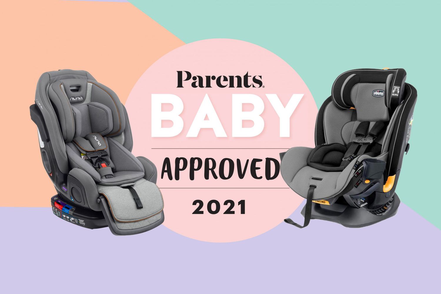 An image of car seats on a colorful background.