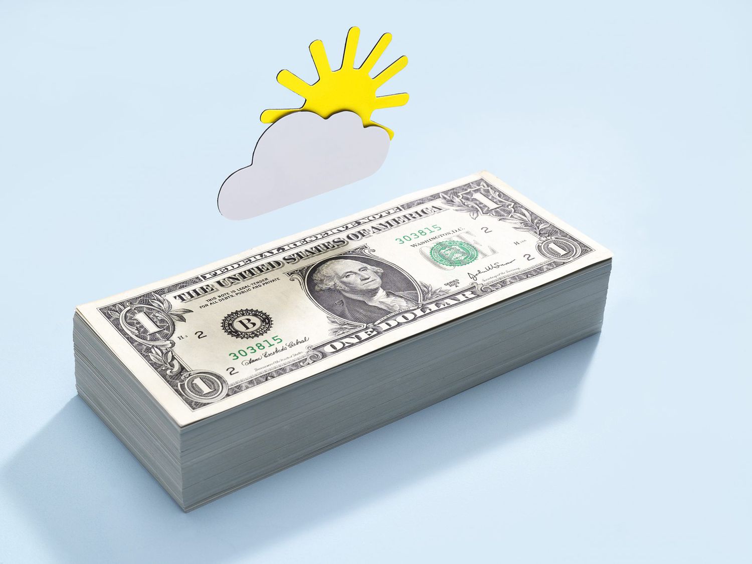 An image of dollar bills with a sunny cloud above it.
