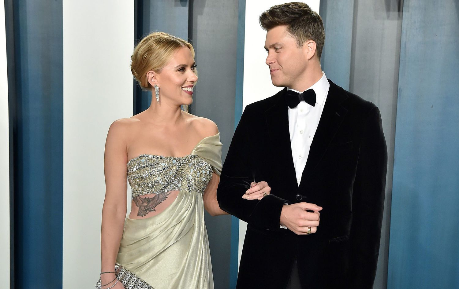 An image of Scarlett Johansson and Colin Jost.