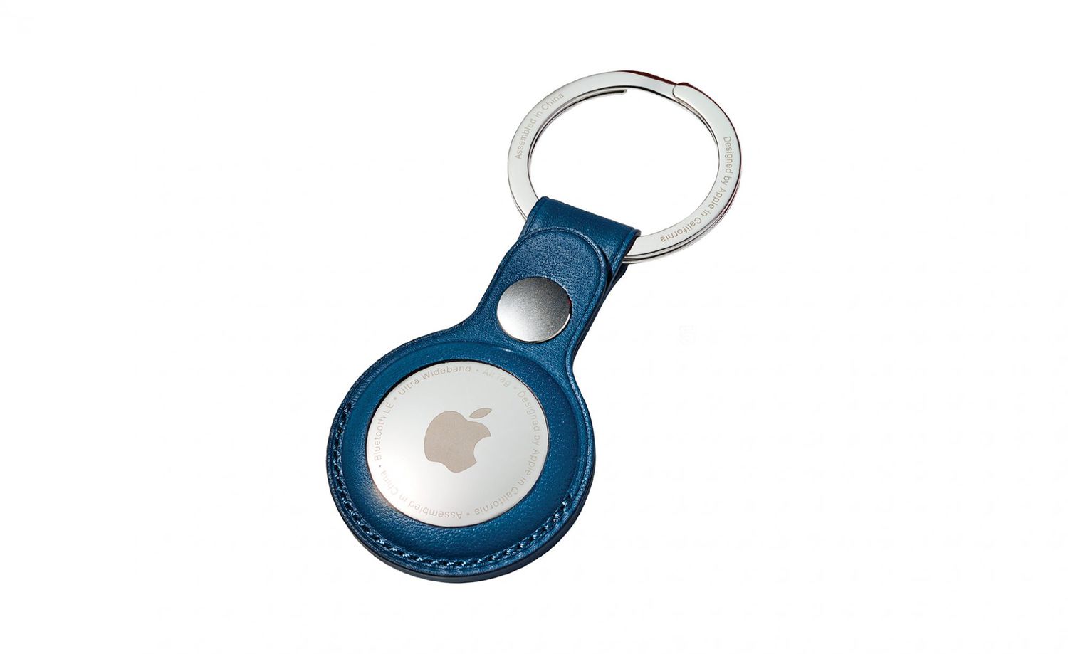 blue Apple AirTag keychain chrome