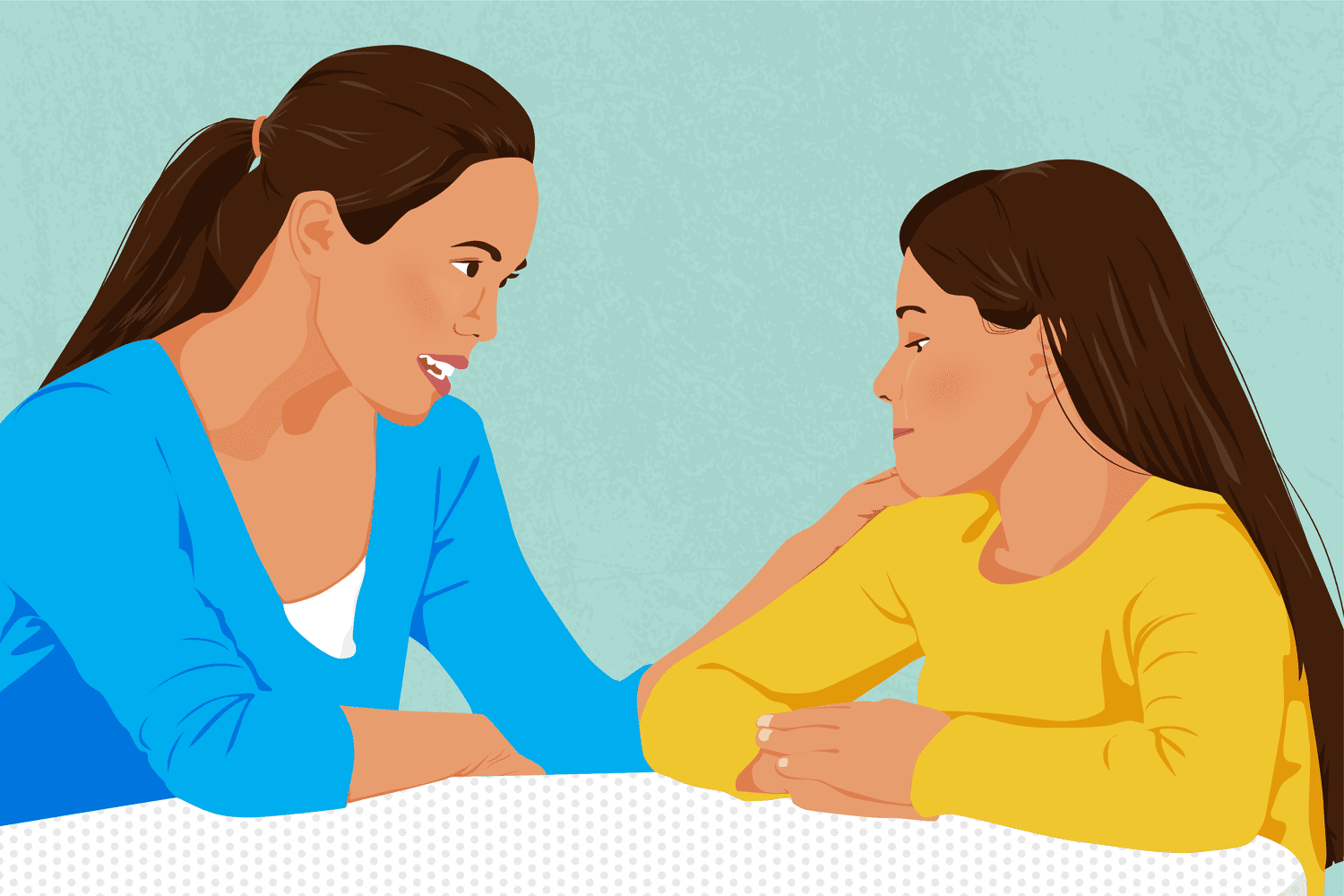 An illustration of a woman talking to her daughter.