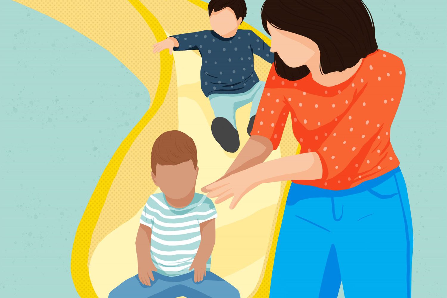 An illustration of a mom and two kids at a park.