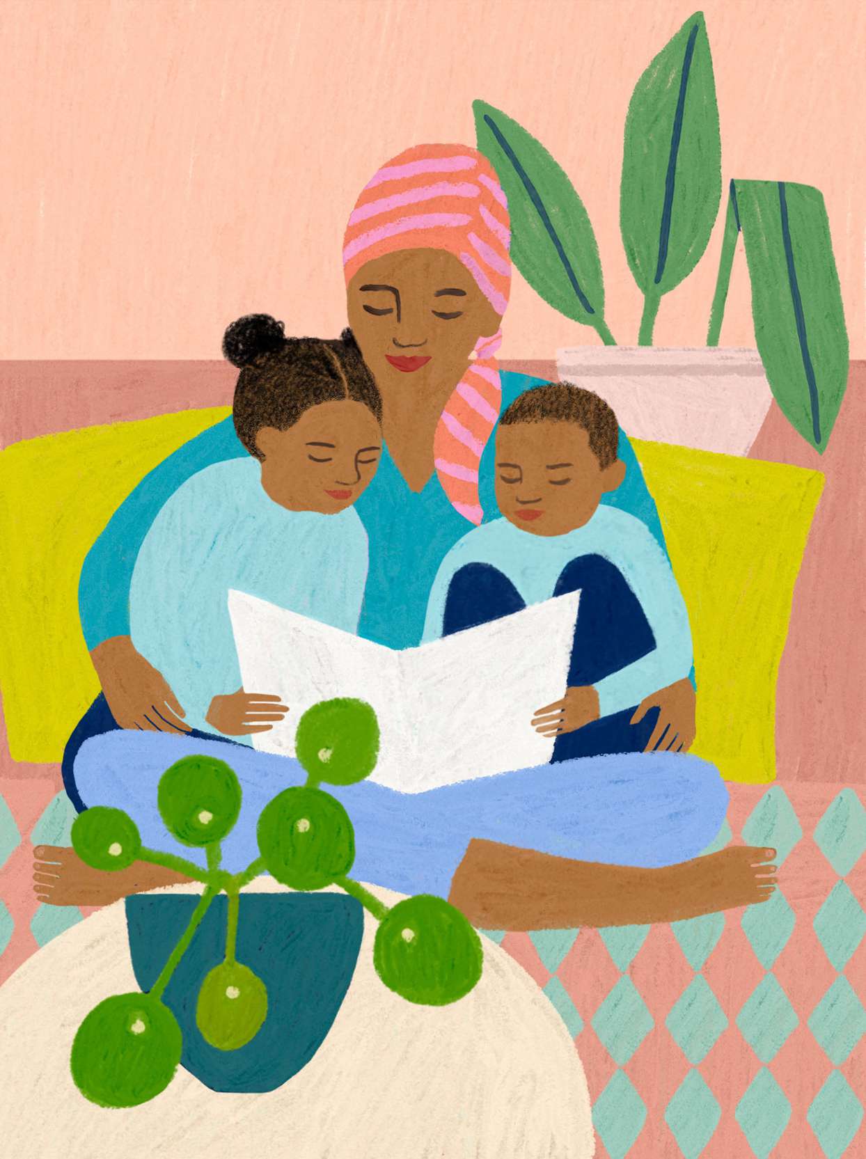 Illustration of mother reading to children