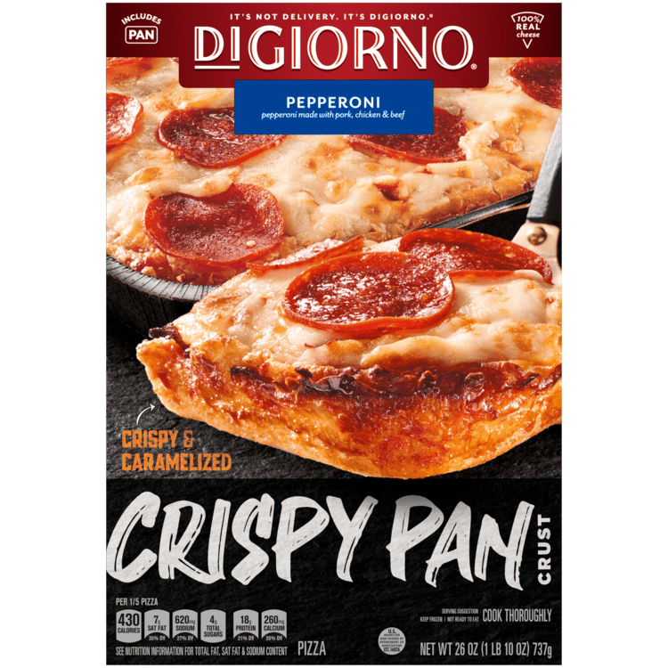 a box of DiGiorno Pepperoni Crispy Pan Crust pizza on a gray background with a red "Recalled" sticker