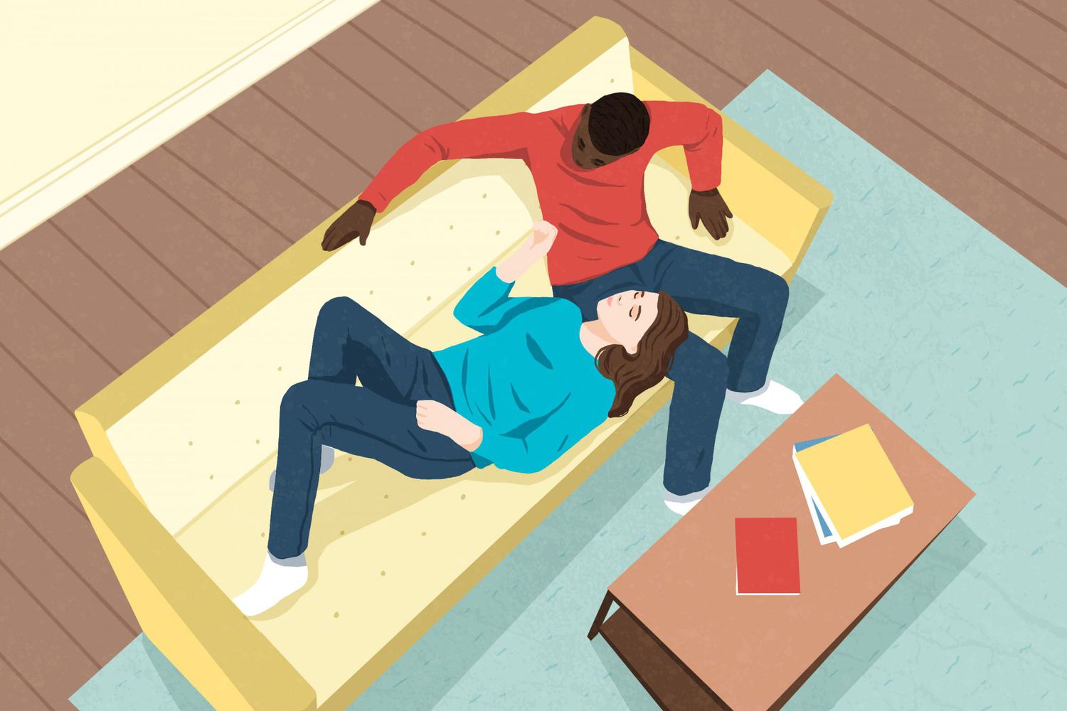 Illustration of woman and man cuddling on a yellow couch