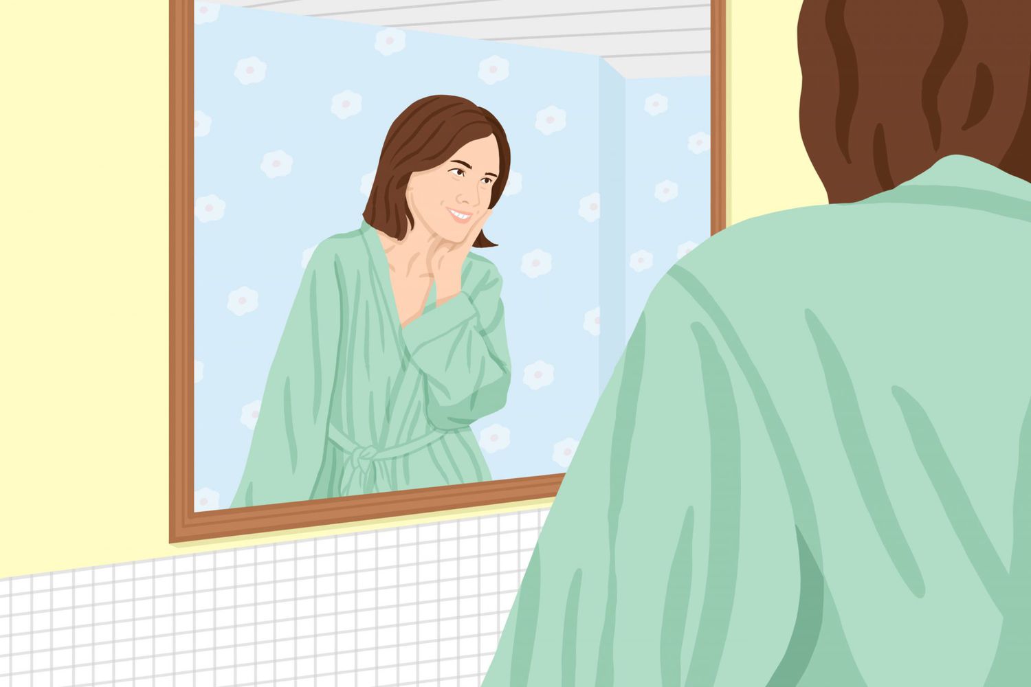 An illustration of a woman looking at herself in the mirror.