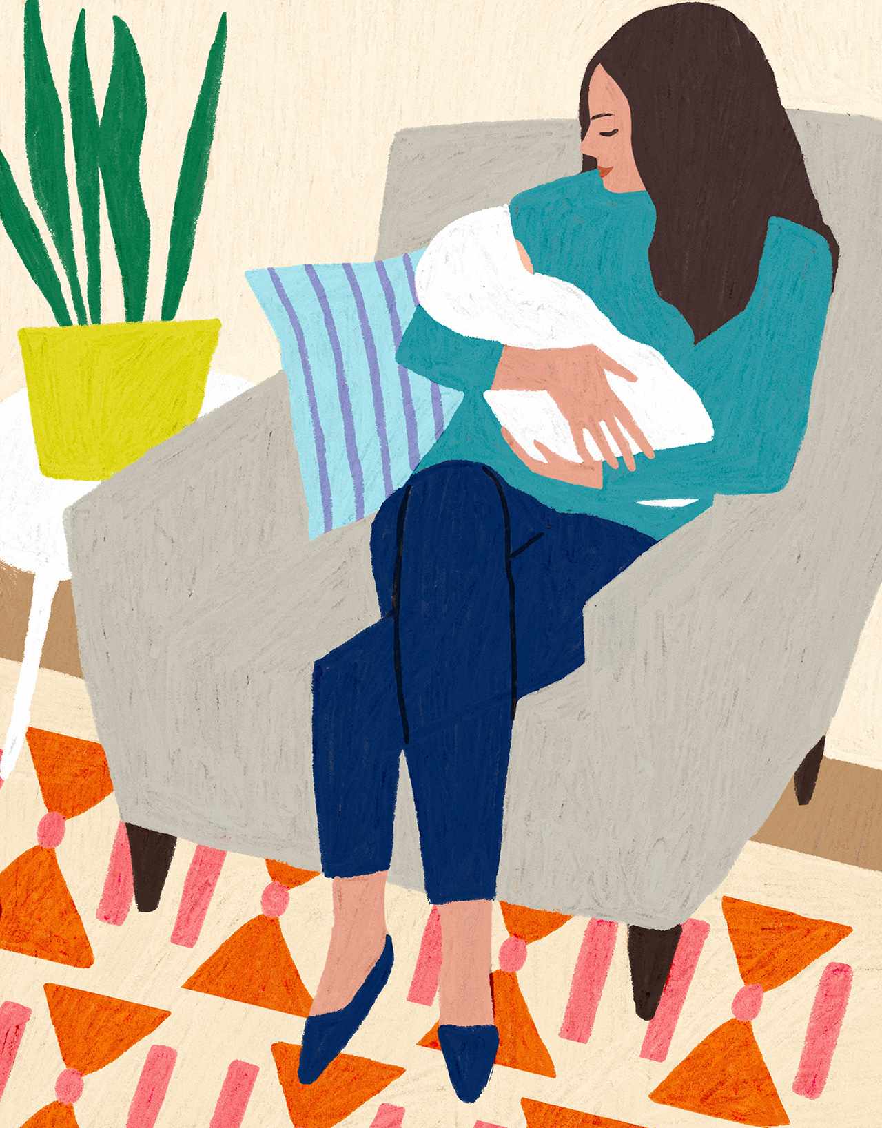 mom sitting holding baby illustration