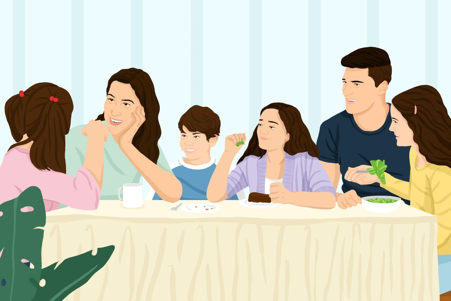 An illustration of a family talking at a dinner table.