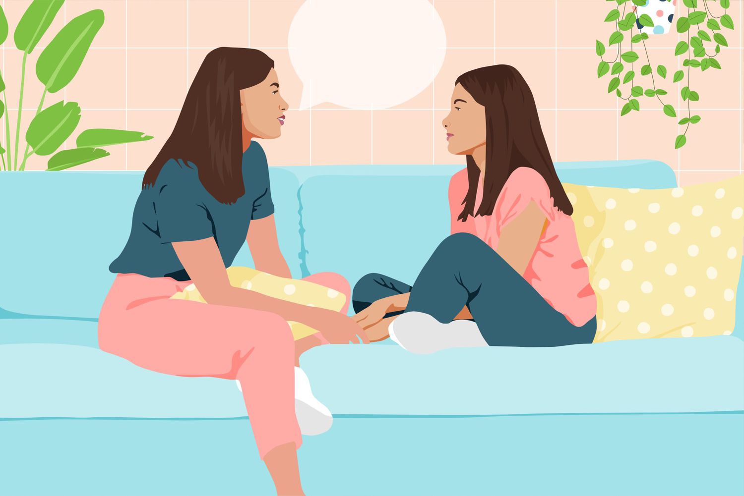 An illustration of a mom talking to her daughter.