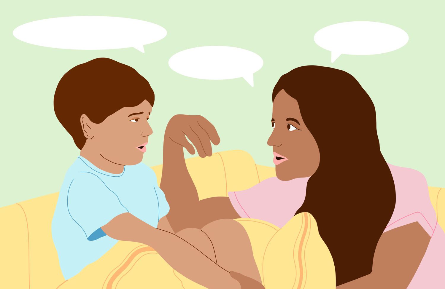 An illustration of a mom and her toddler talking.