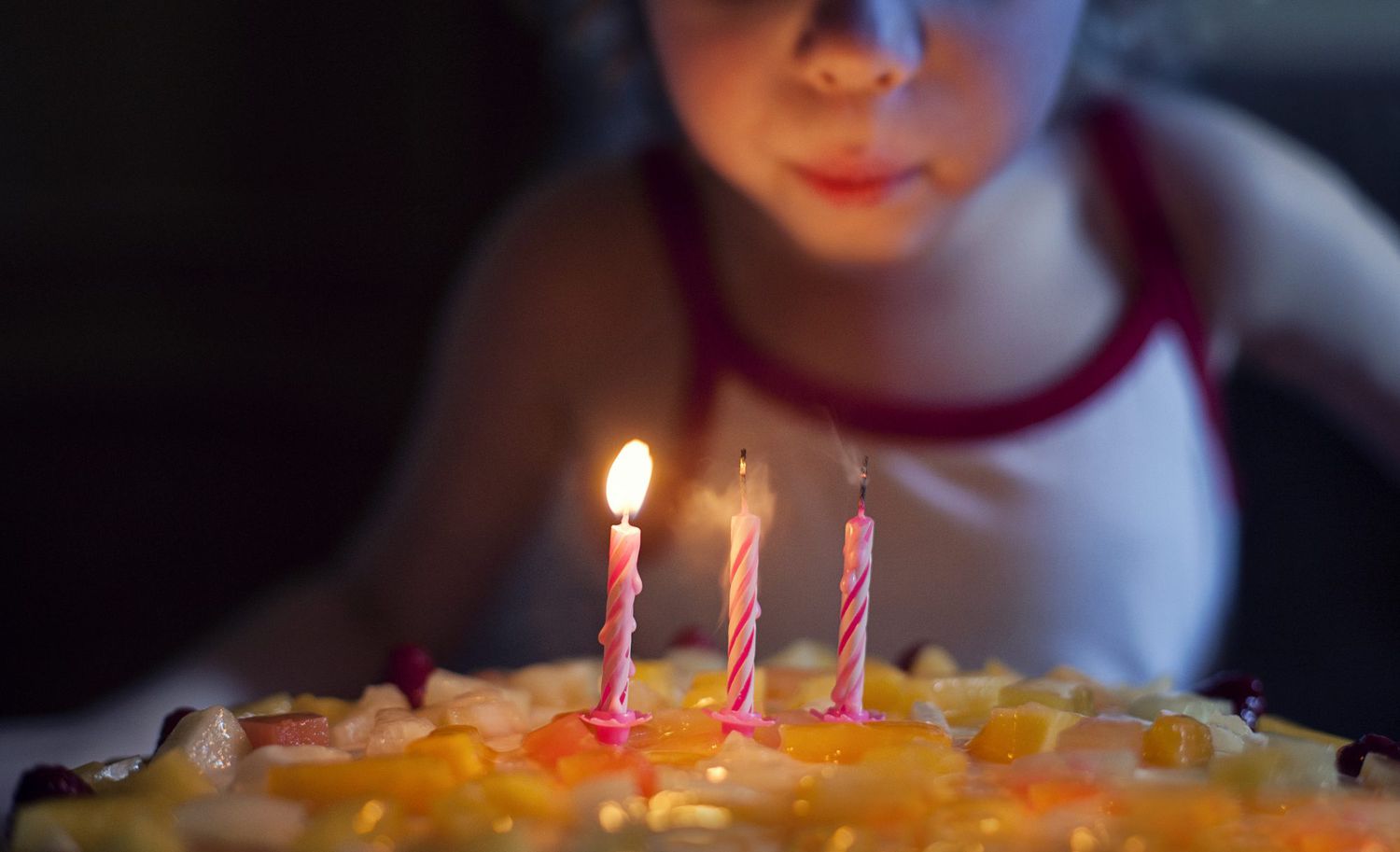 An image of a girl blowing out candles on her birthday cake.