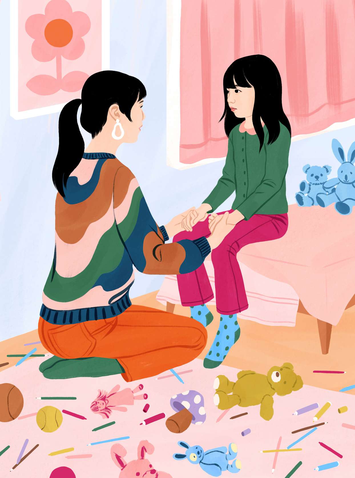 girl and mom in messy room illustration