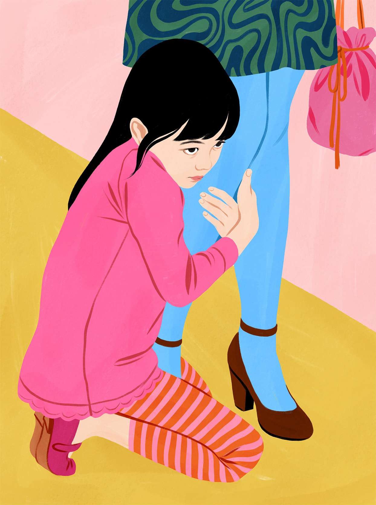 shy girl clinging to mom illustration