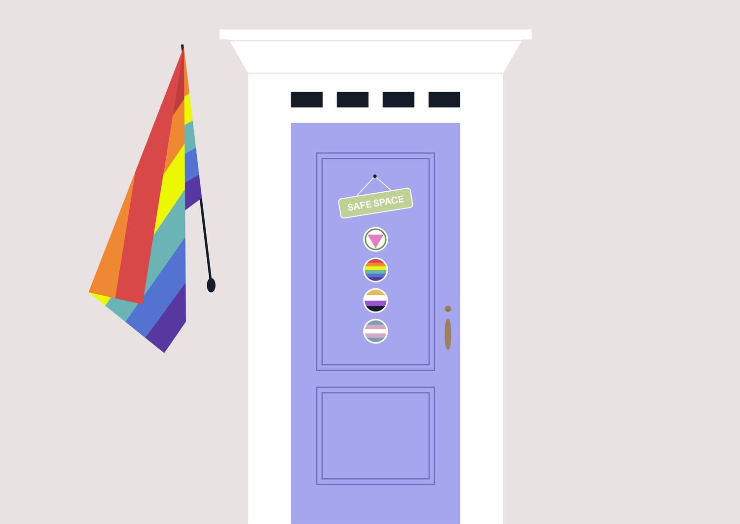 Purple door with safe space LGBTQIA+ Stickers and rainbow flag hanging nearby