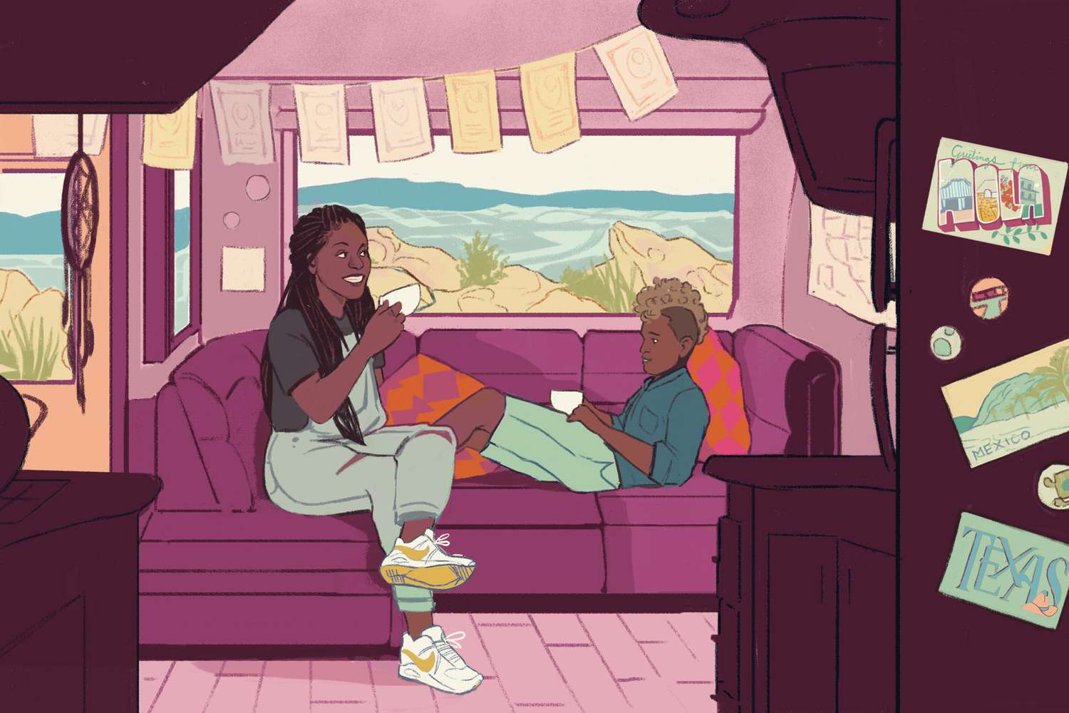 Illustration of mom and teenage son in a RV with a view of a mountain landscape