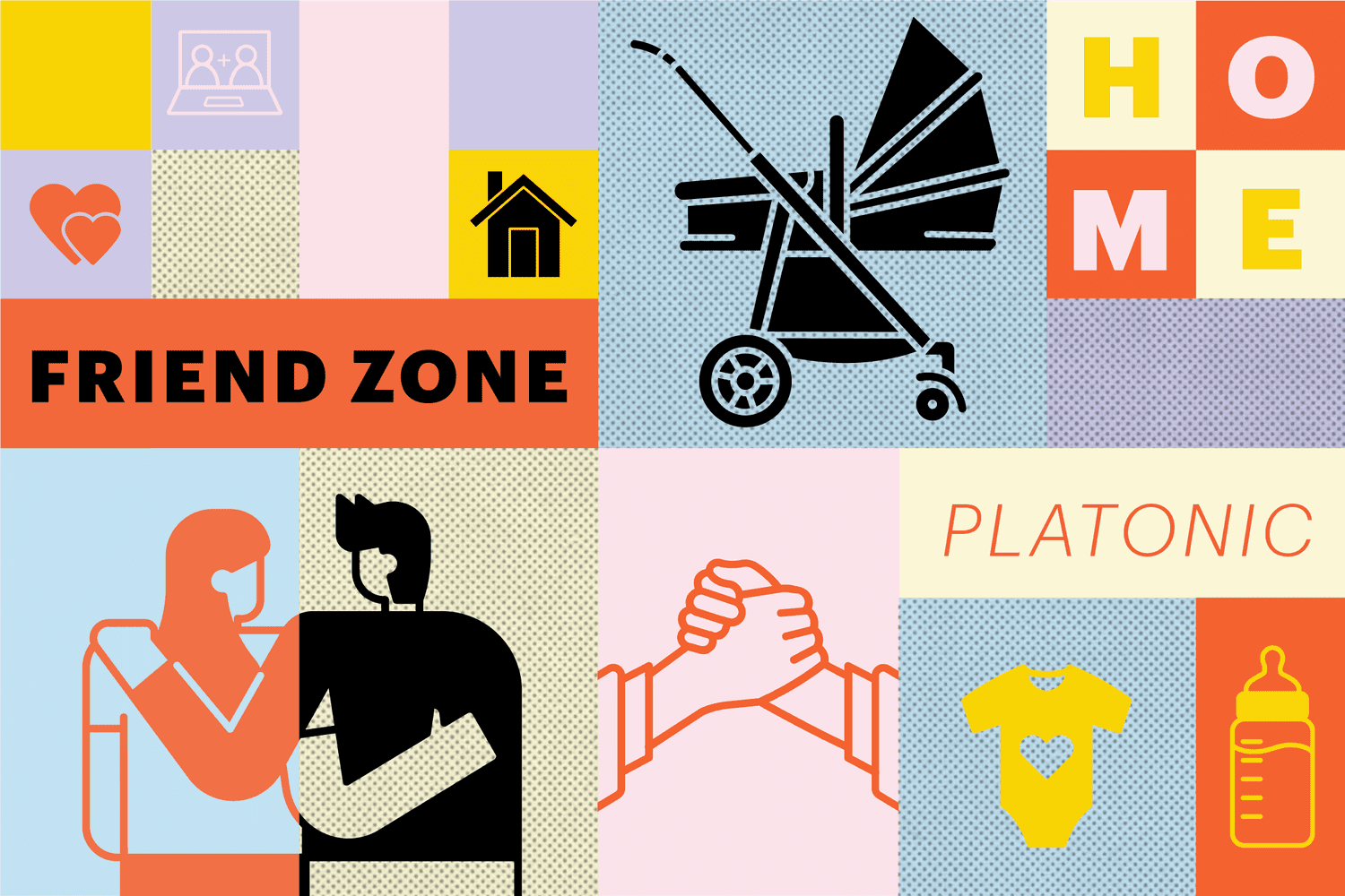 Illutration of couple and carriage with words "friend zone" and "platonic"