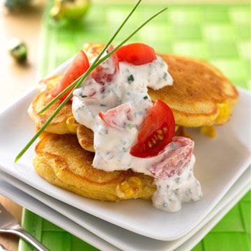 Smoked Corn Cakes with Tomato and Sour Cream Sauce
