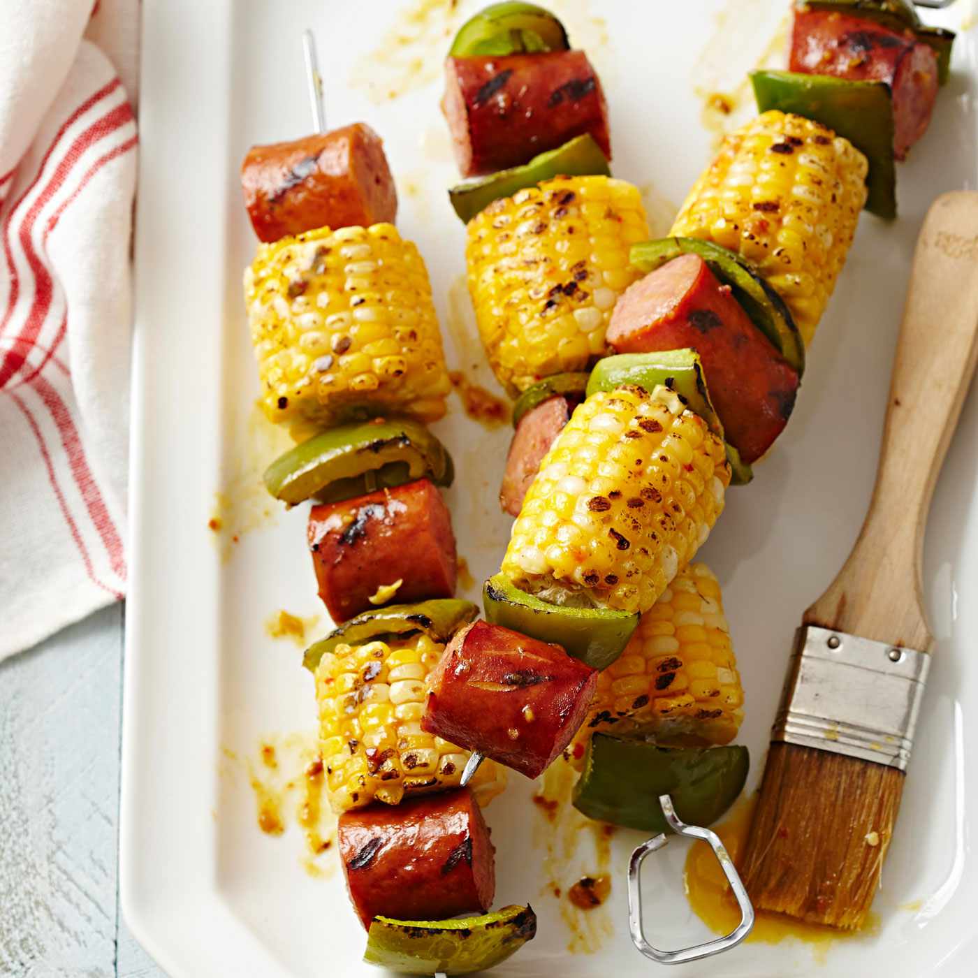 Mustardy Grilled Corn and Sausage Kabobs