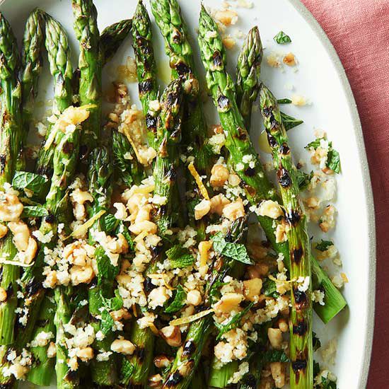 Grilled Asparagus with Minty Lemon and Walnut Crumbs