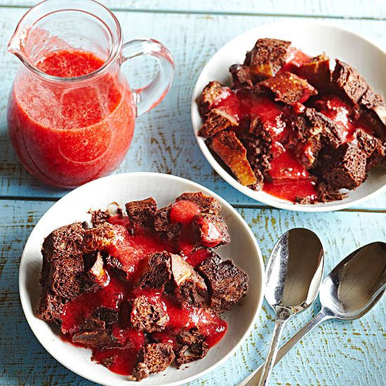 Double-Chocolate Bread Pudding with Strawberry Sauce