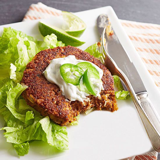 Bean and Sweet Potato Patties with Lime-Jalapeno Cream