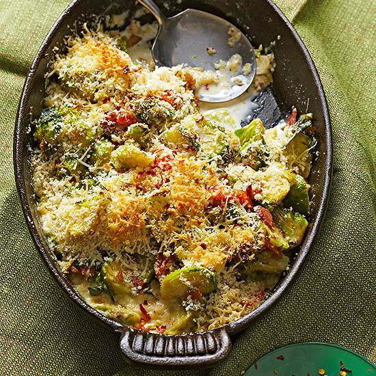 Brussels Sprouts Casserole with Pancetta and Asiago Cheese