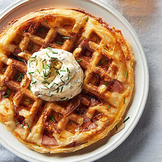 Ham and Swiss Waffles with Mustard Sour Cream