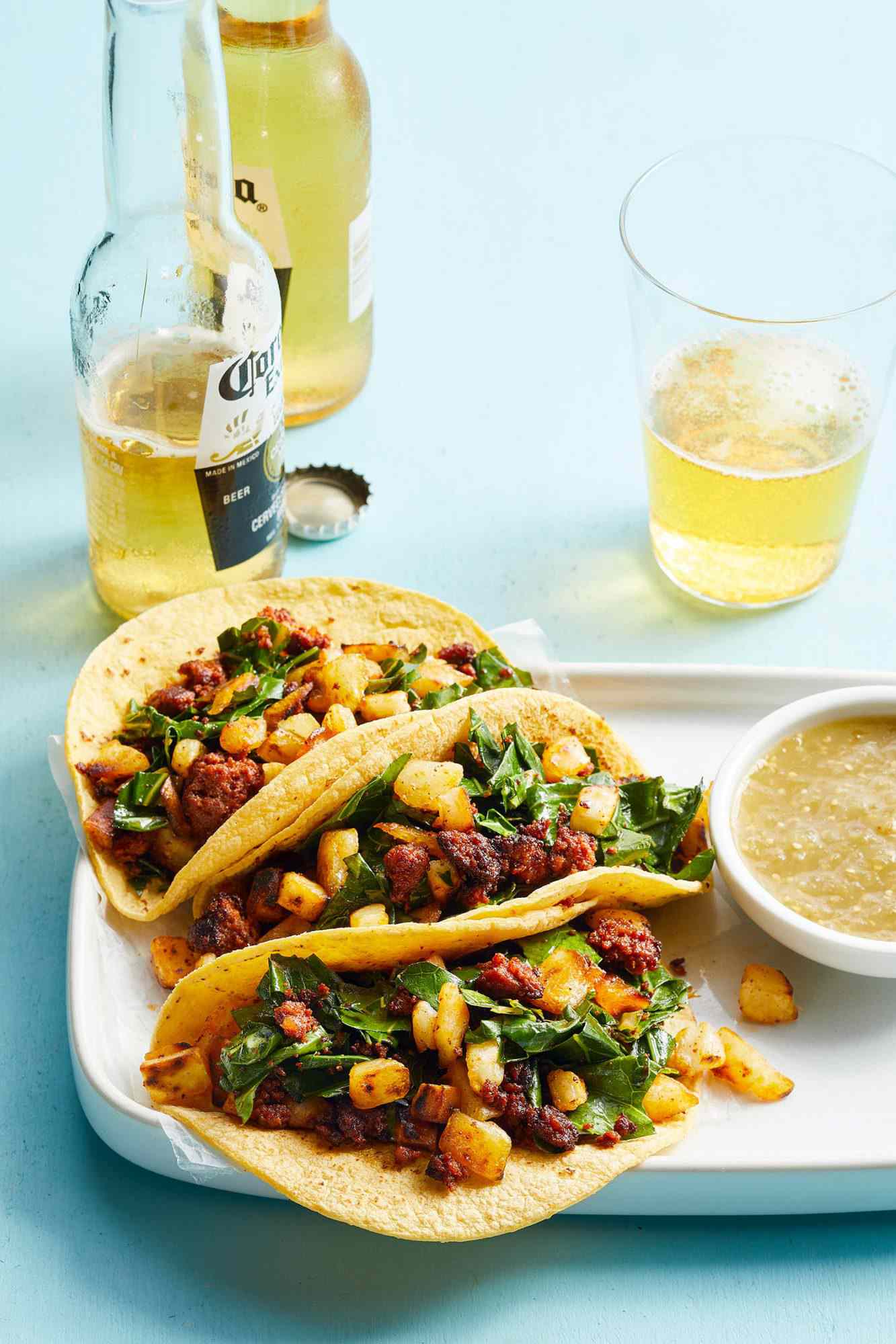 Chorizo-Potato Tacos with Collards