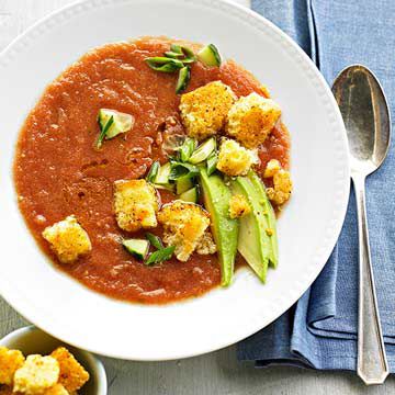 Chilled Tomato Soup with Corn Bread Croutons 