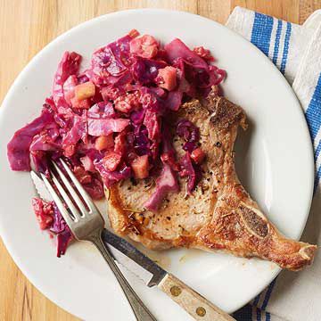 Pork Chops with Red Cabbage and Rhubarb 