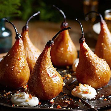 Roasted Pears with Lemon Cream and Candied Pine Nuts 