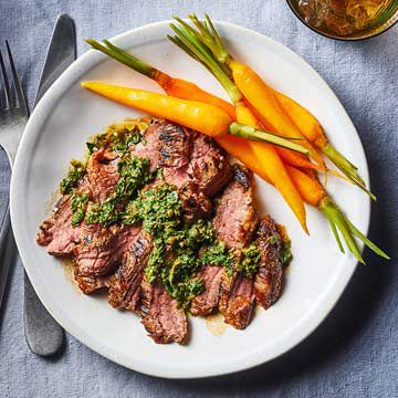 Flank Steak with Carrot Top Salsa Verde 