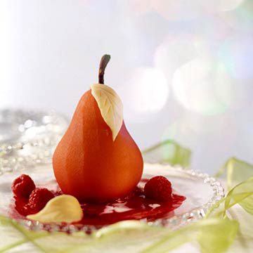 Poached Pears in Raspberry Sauce 