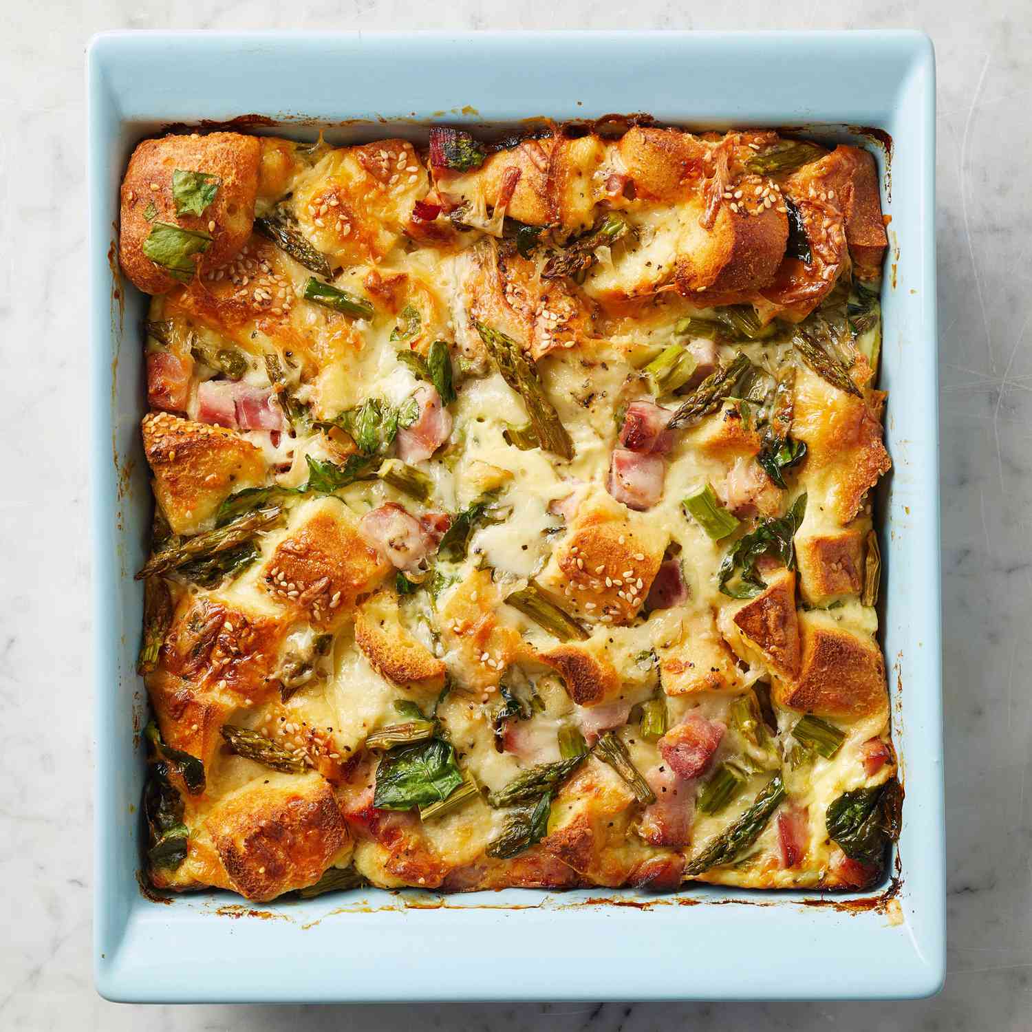 Bagel Strata with Asparagus and Ham 