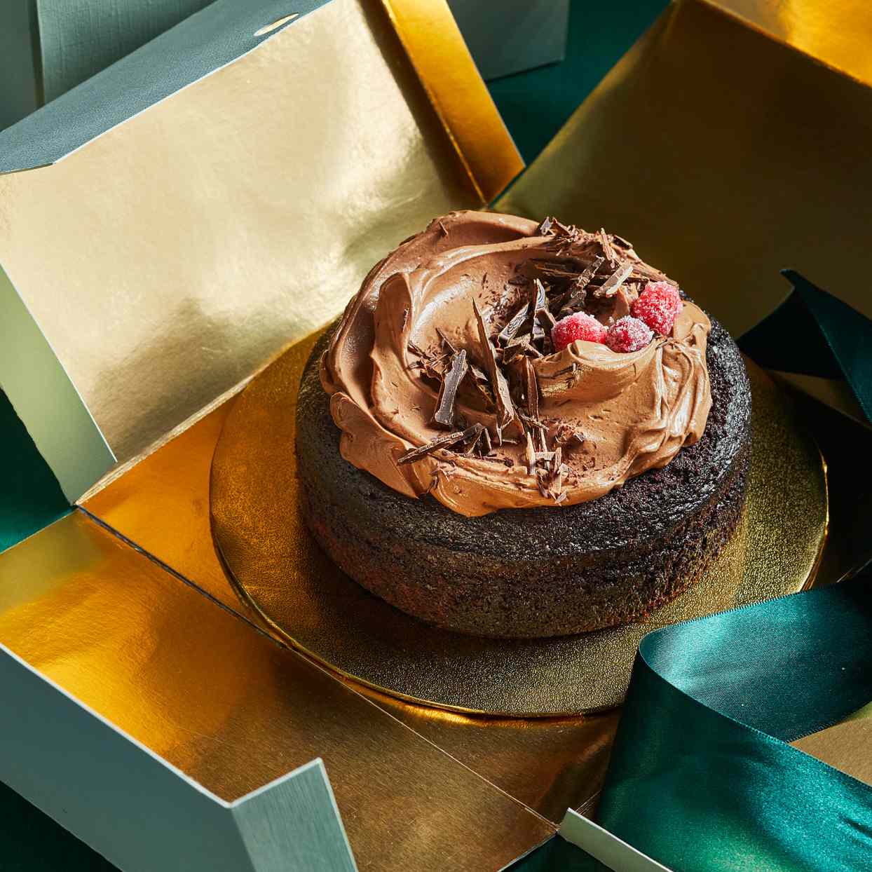 chocolate gift cake in gold box