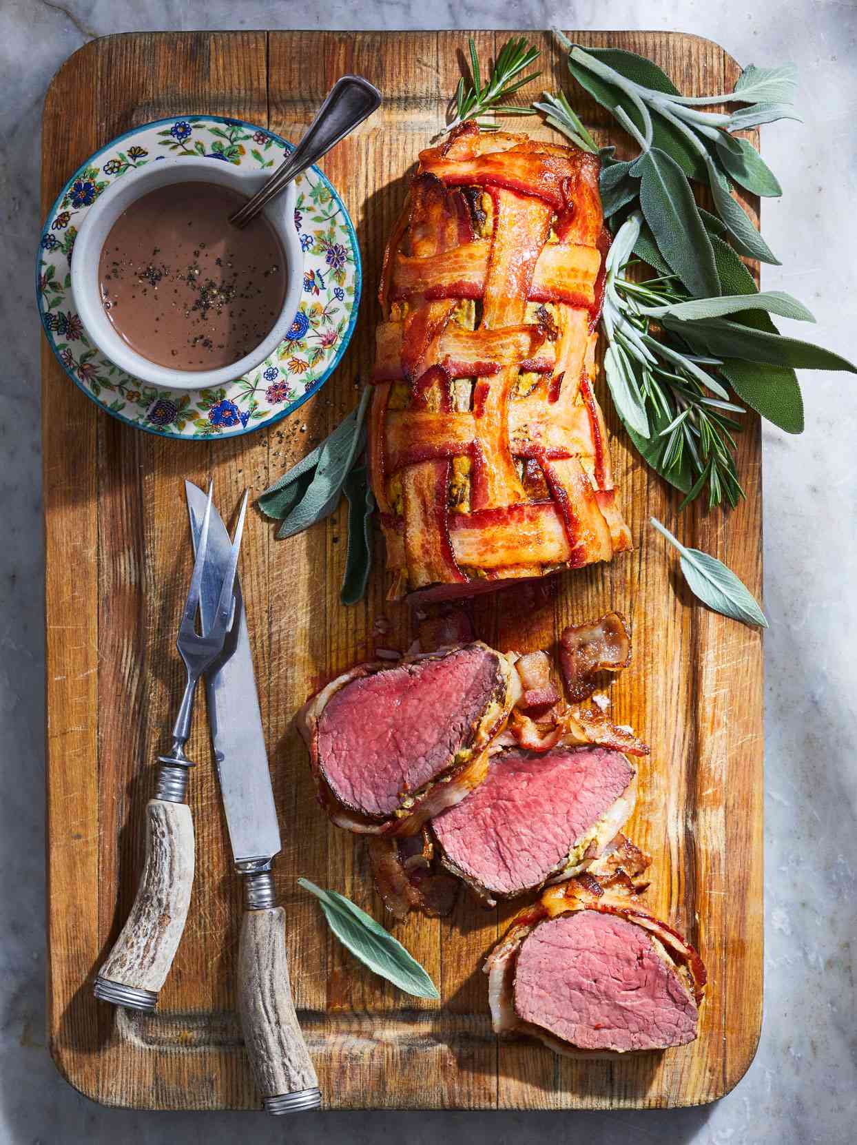 Bacon-Wrapped Beef Tenderloin with Red Wine Sauce