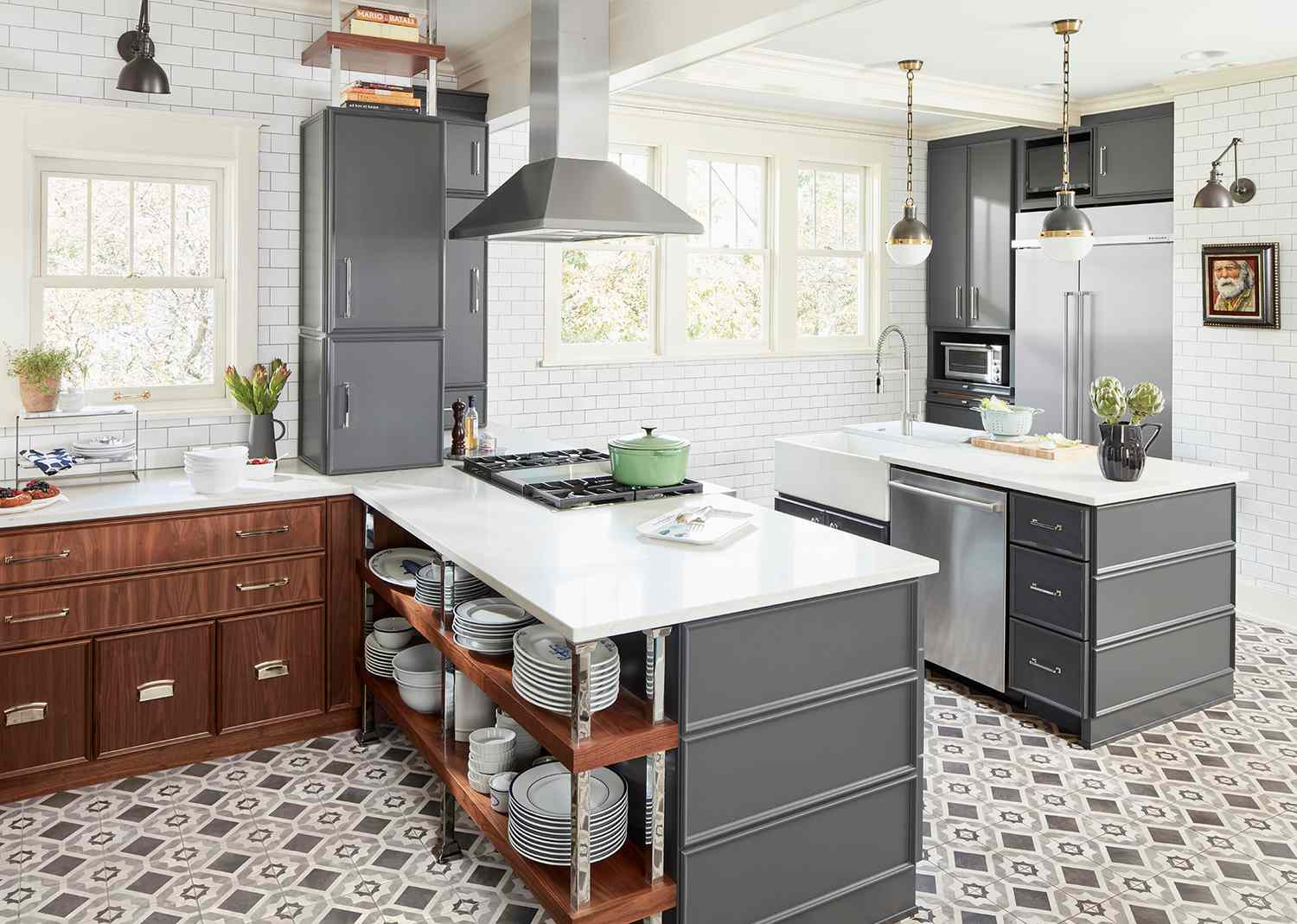 large kitchen gray cabinets zones peninsula