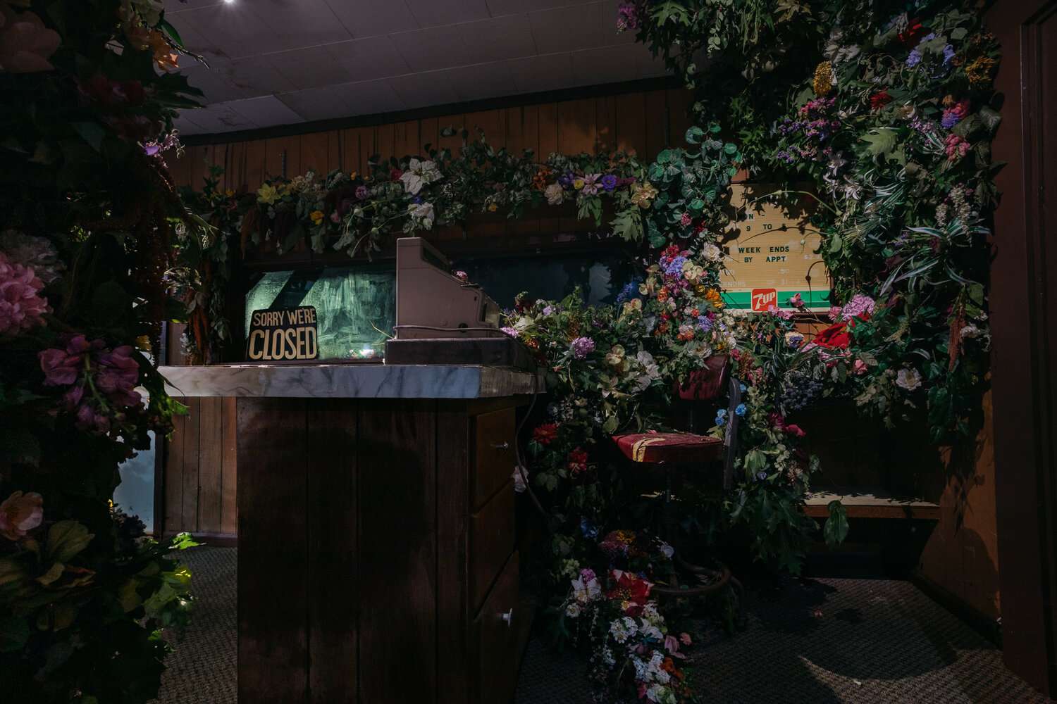 Party Store interior floral installation by Lisa Waud, Michigan