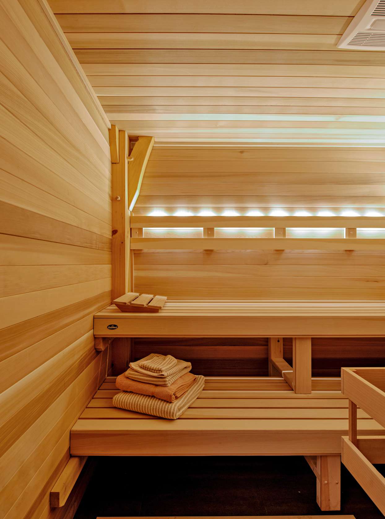 cedar sauna with soft light