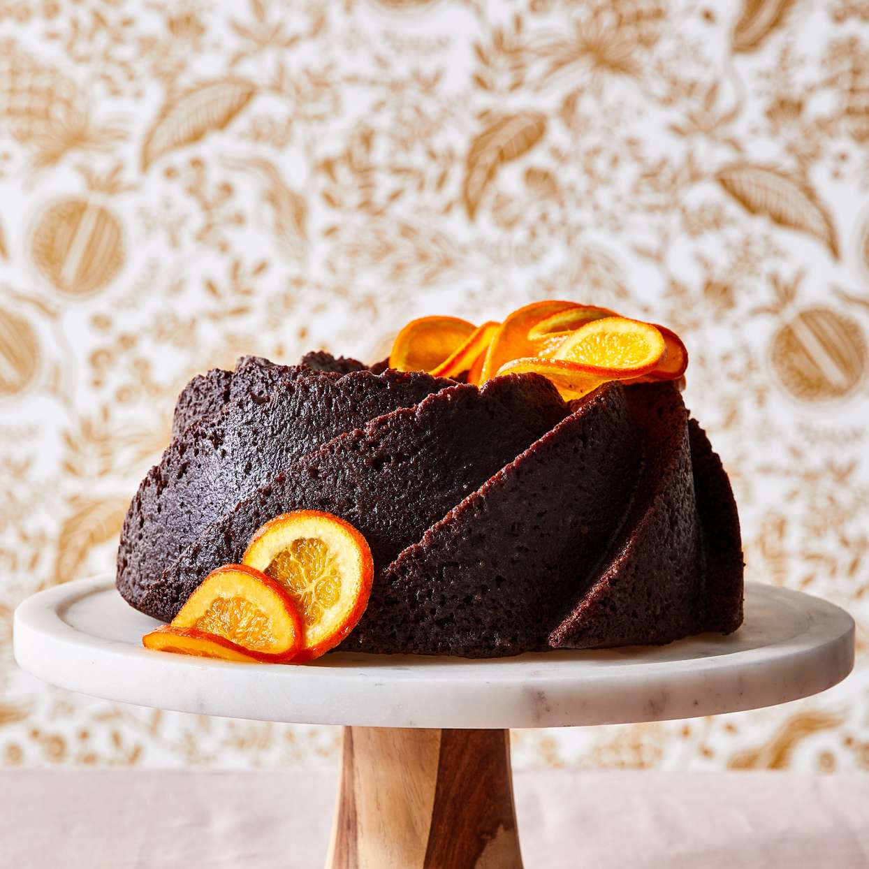 Chocolate Chai Bundt with Candied Oranges and Rum Buttah