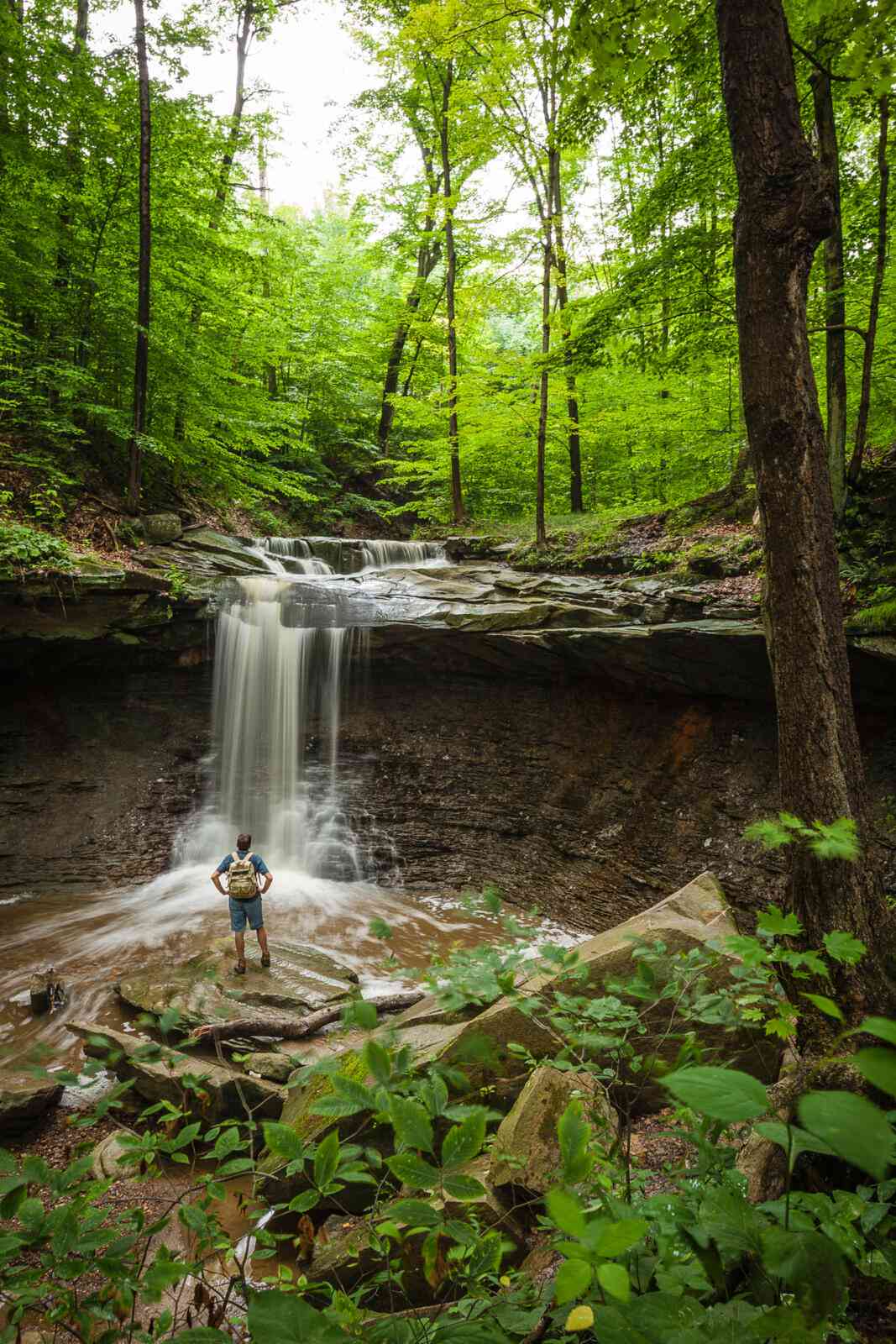 Man standing by waterfall in Cuyahoga Valley National Park