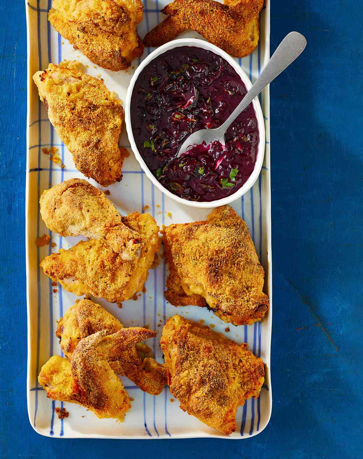 Cornmeal-Crusted Picnic Chicken with Blueberry Mostarda