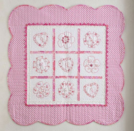 Quilt Pink Embroidered Hearts & Flowers