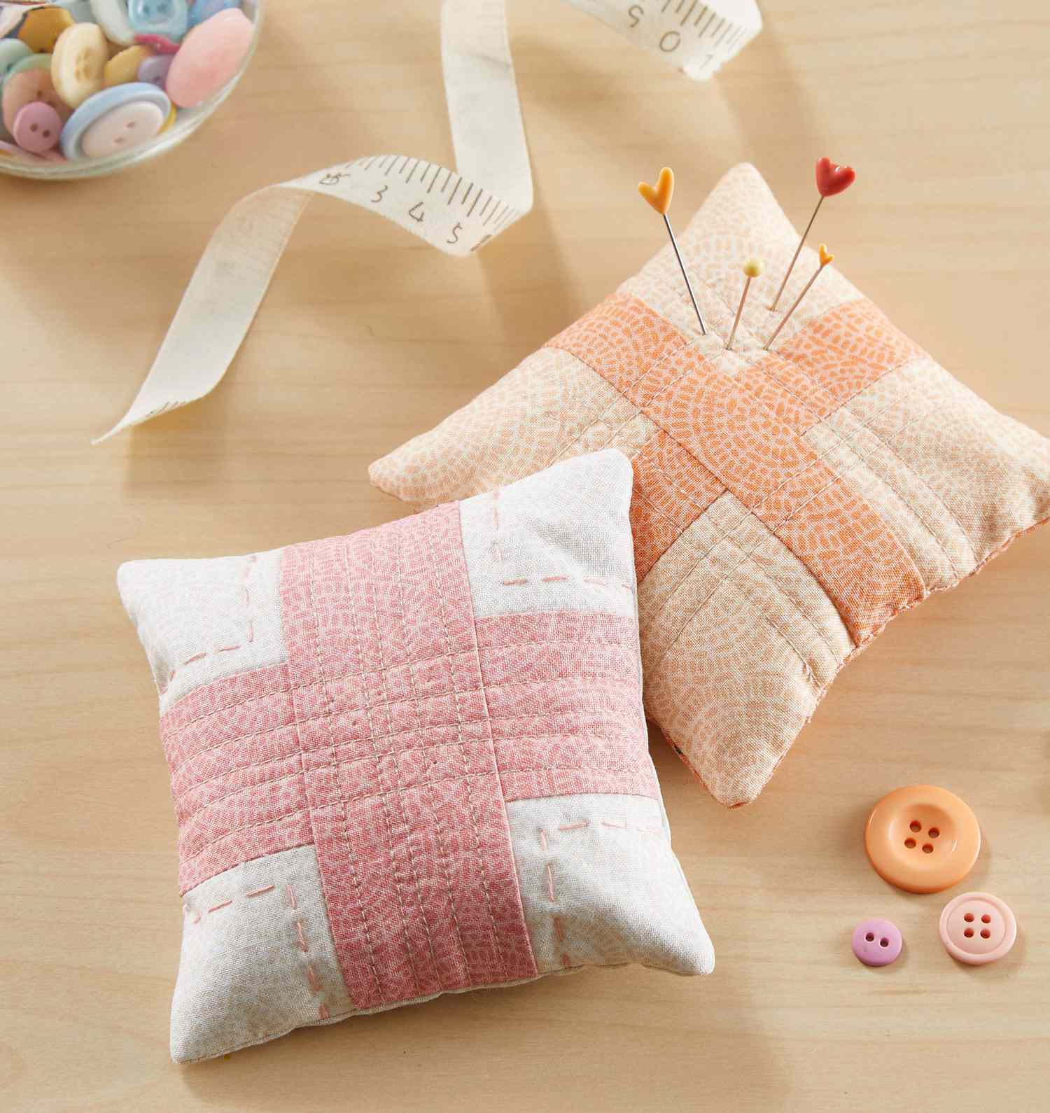 Handmade Pincushion Felted Wool White & Tan Floral Mini Cushion