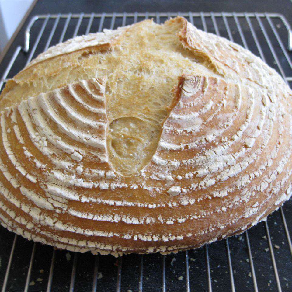 a loaf of artisan-style bread with rings of flour from the banneton