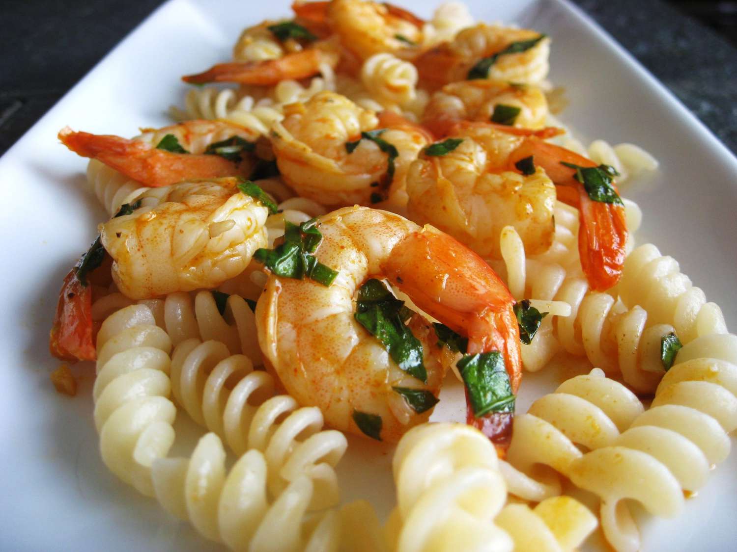 shrimp on corkscrew pasta
