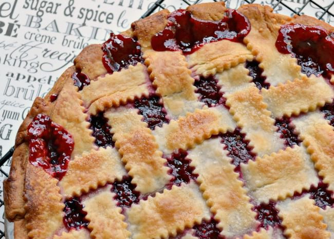 top-down view of a lattice-topped cherry pie