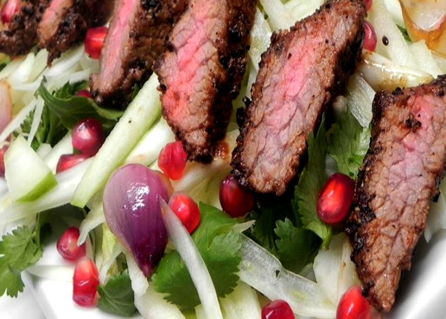 gabe's coffee-crusted hanger steak with apple fennel and herb salad. photo by soup loving nicole.