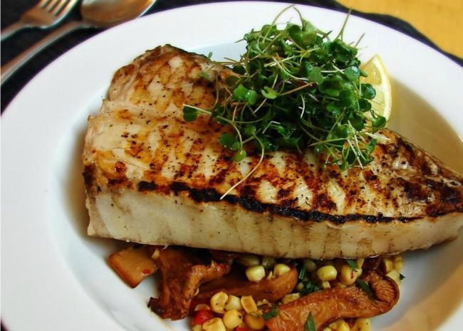 Grilled Halibut Steaks with Corn and Chanterelles