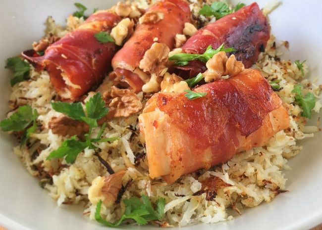 Herby Cauliflower Rice with Pecans and Candied Bacon-Wrapped Chicken